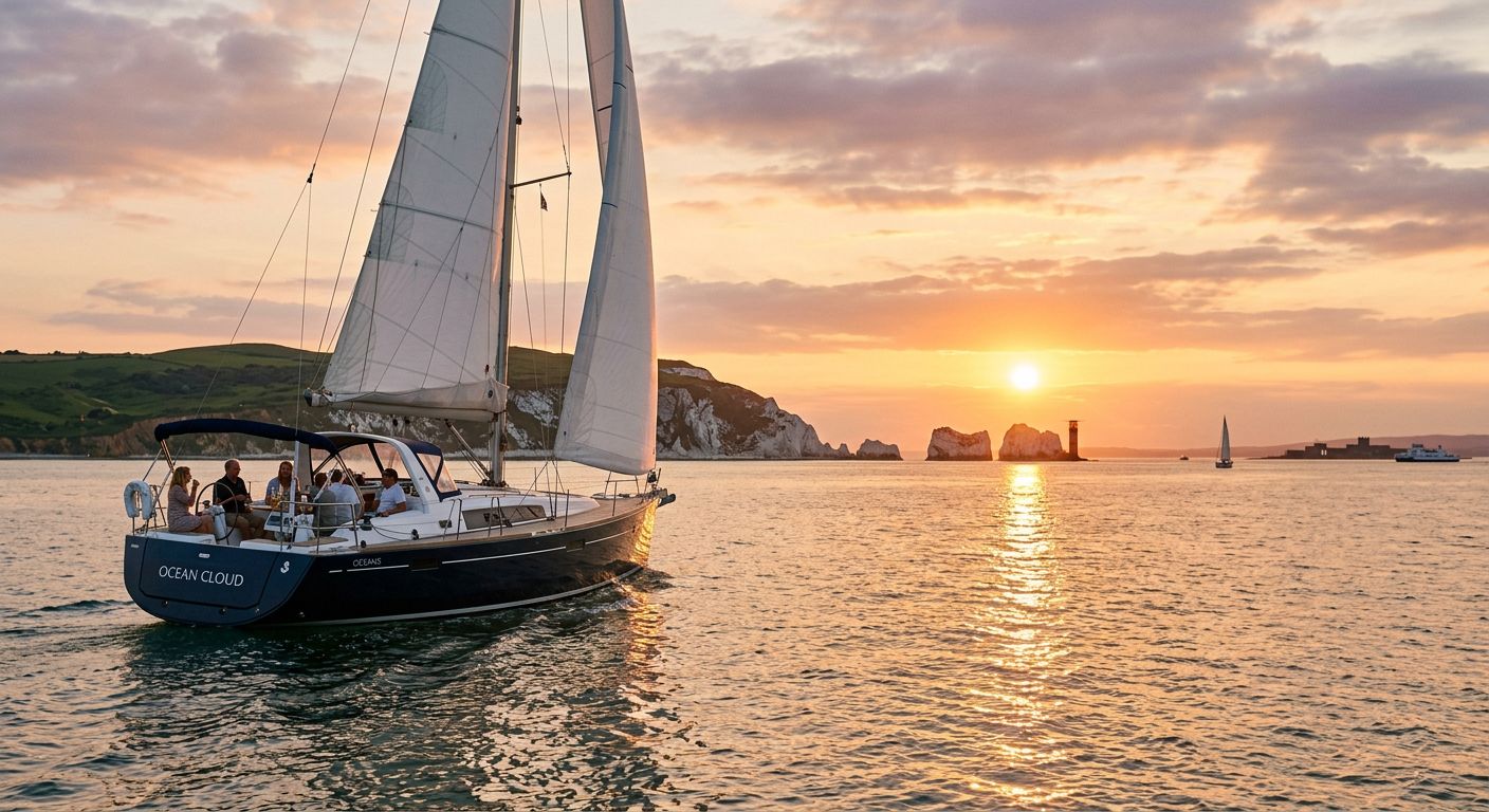 Luxury yacht sailing at sunset in the UK