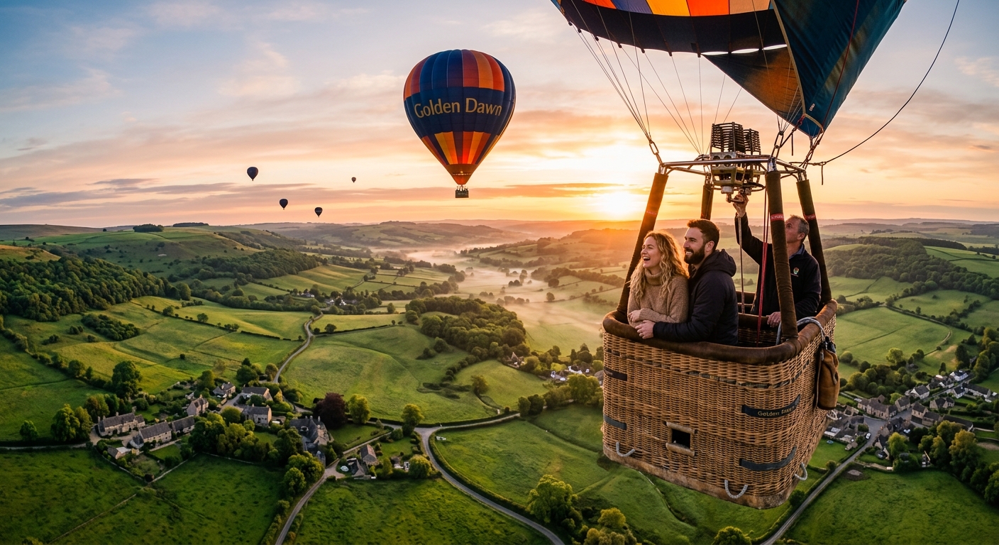 Couple enjoying a hot air balloon ride over the UK countryside