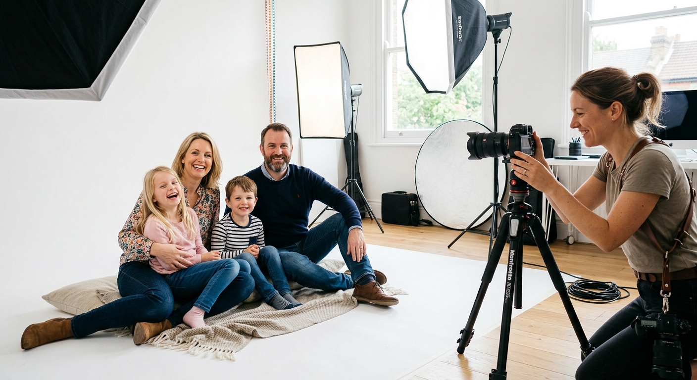 A family enjoying a professional photoshoot experience in a modern studio