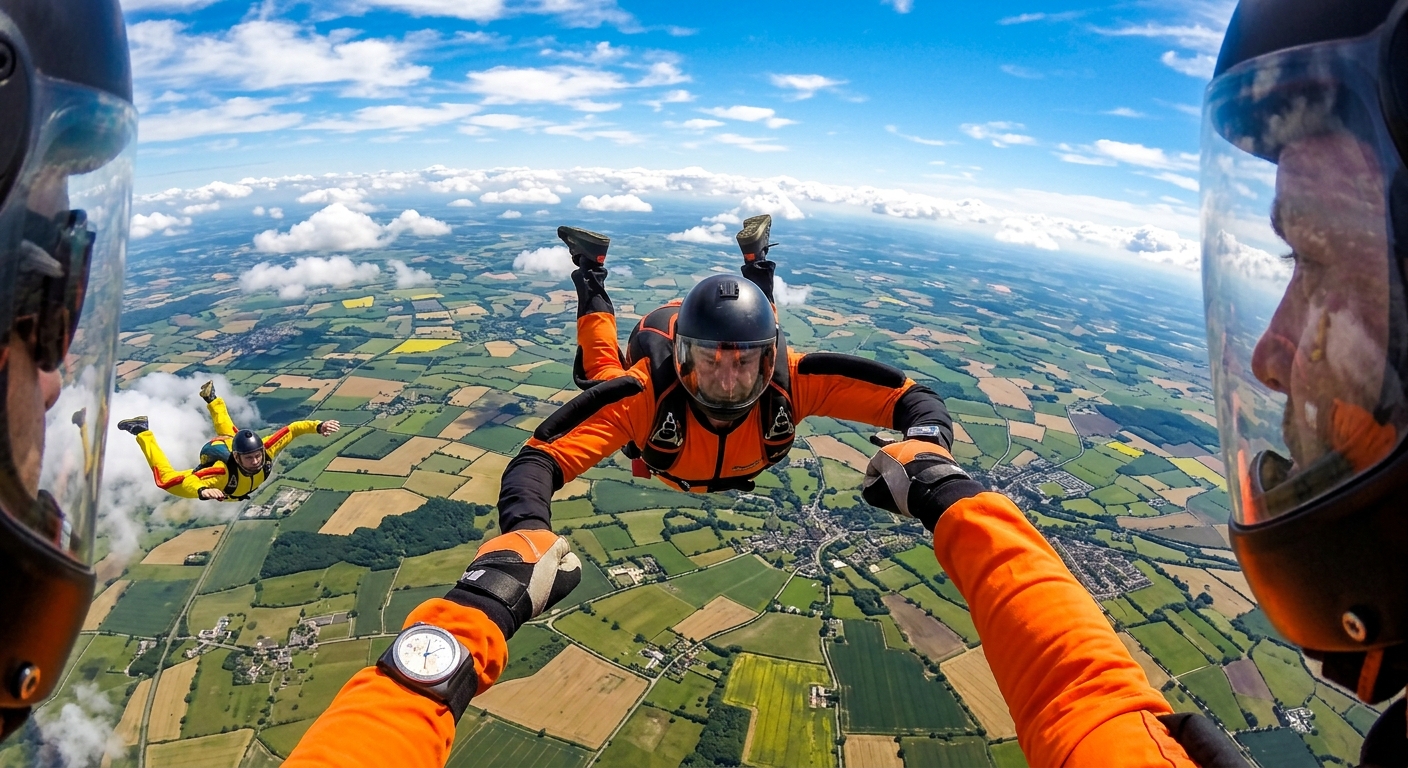 A skydiver in mid-air over the UK countryside