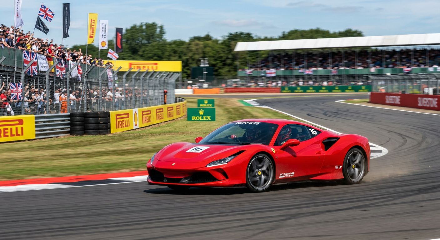 Red Ferrari speeding on a UK race track during a supercar driving experience