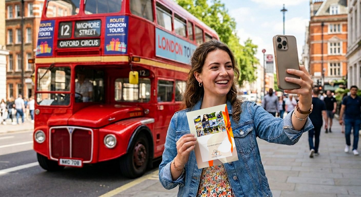 A woman smiling while holding an experience day voucher in London