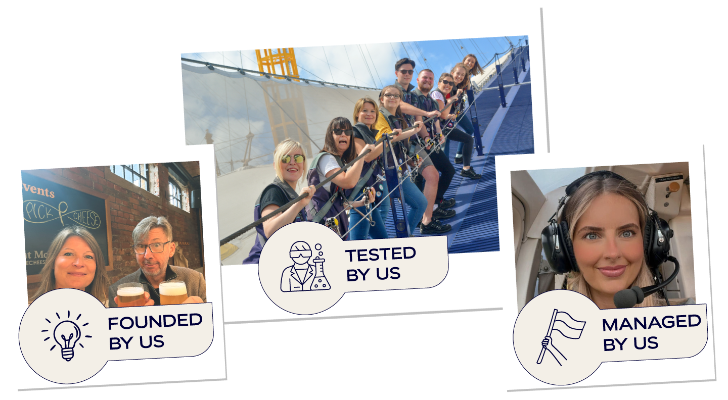 Three Polaroid-style photos on a black background. One shows a couple at brunch ("FOUNDED BY US"), another a group on an outdoor climb ("TESTED BY US"), and the third a woman in a pilot headset ("MANAGED BY US"). Each includes a custom icon and label.