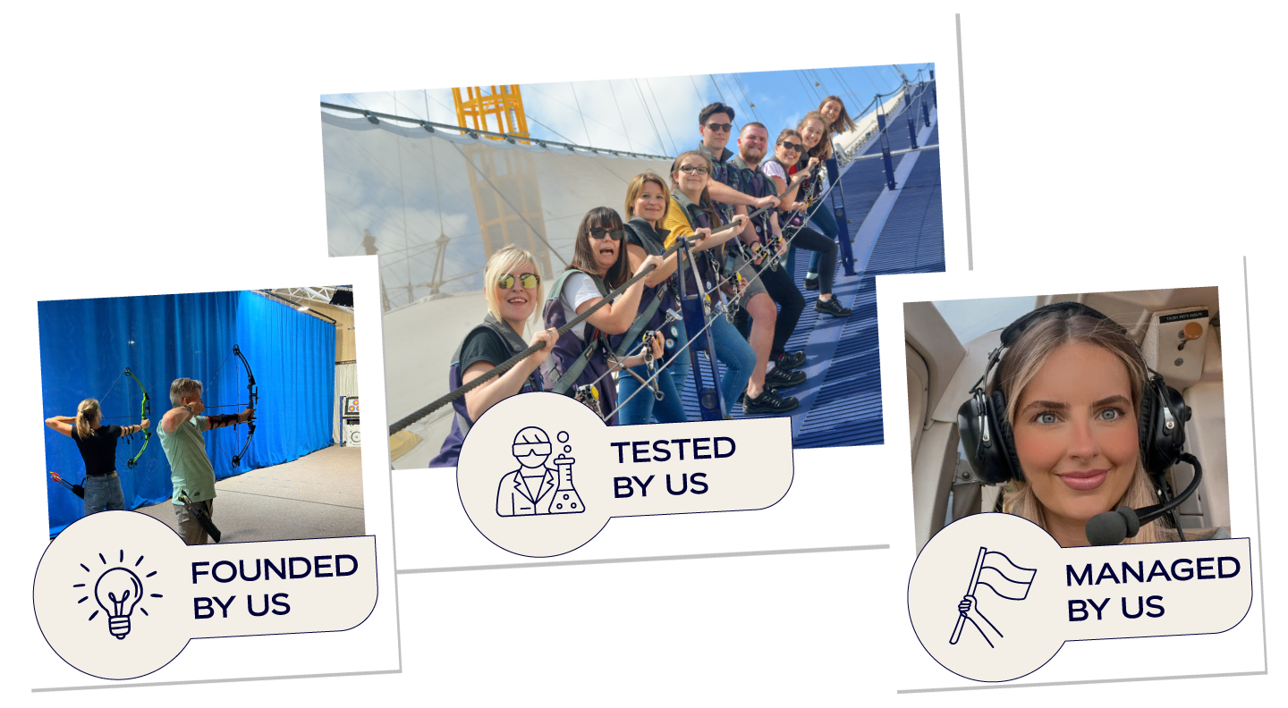 Three Polaroid-style photos on a black background. One shows a couple at brunch ("FOUNDED BY US"), another a group on an outdoor climb ("TESTED BY US"), and the third a woman in a pilot headset ("MANAGED BY US"). Each includes a custom icon and label.
