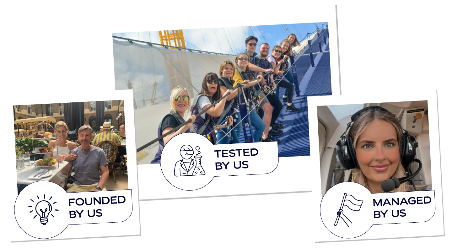 Three Polaroid-style photos on a black background. One shows a couple at brunch ("FOUNDED BY US"), another a group on an outdoor climb ("TESTED BY US"), and the third a woman in a pilot headset ("MANAGED BY US"). Each includes a custom icon and label.