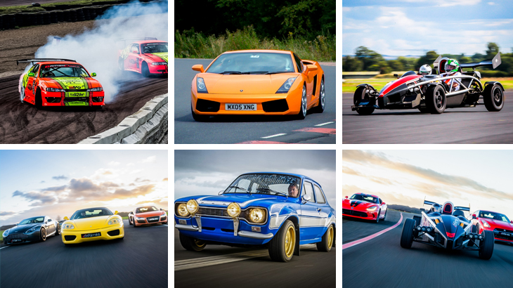 Collage of six thrilling driving experiences including an ariel atom thrill, supercar racing, drifting and Fort Escort Mk1 drive - ultimate birthday gift experience for boyfriends who have everything