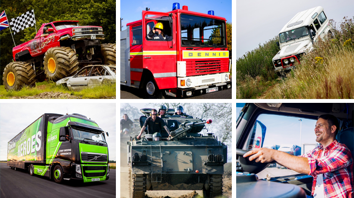 Collage of unique driving experiences including monster truck drive, tank driving, off-road 4x4 adventure, fire engine drive, truck driving, and man behind the wheel of a lorry – extraordinary birthday gift ideas for boyfriends who have everything
