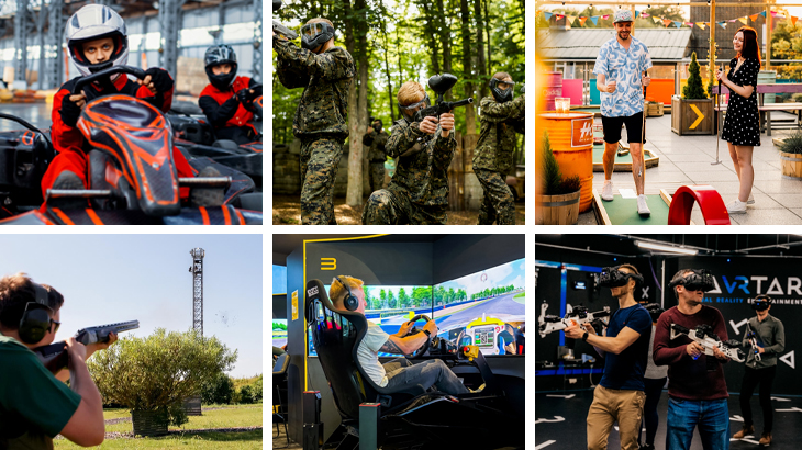 Collage of competitive experience gifts including indoor karting, paintball, mini golf, clay pigeon shooting, virtual reality gaming, and a driving simulator – fun and action-packed birthday gift ideas for boyfriends who have everything