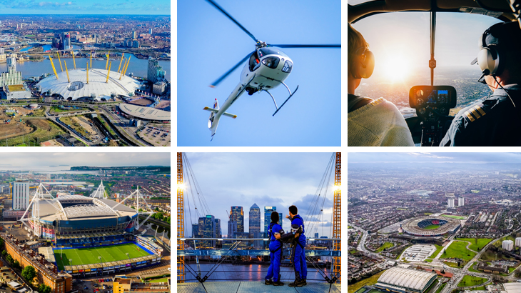 Collage of high-up experience gifts including Up at The O2 climb and helicopter football stadium tours – unforgettable sky-high birthday gift ideas for boyfriends who have everything