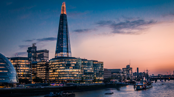 The Shard at sunset overlooking the River Thames in London – iconic skyline view and luxury experience gift destination in the UK
