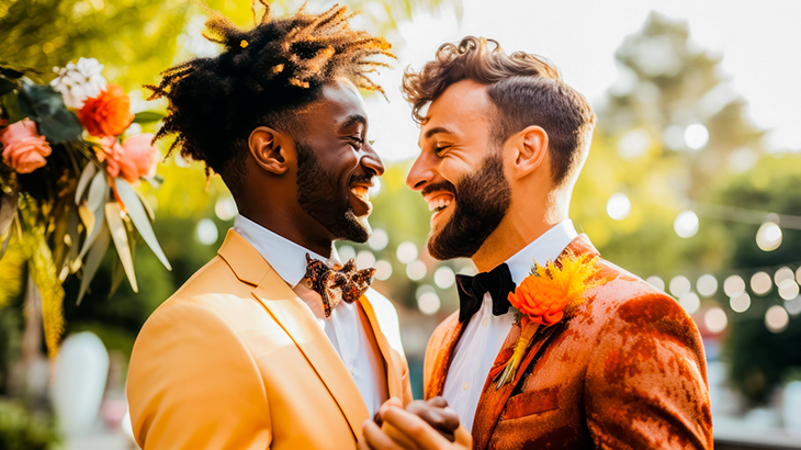 Multi-racial gay couple celebrating wedding outdoors with lush greenery background