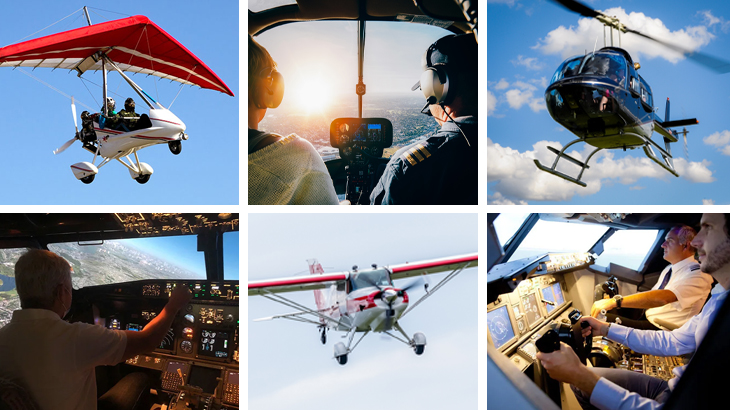 Aerial gift experiences for men including microlight flights, helicopter tours, flying lessons, cockpit simulators, and light aircraft adventures