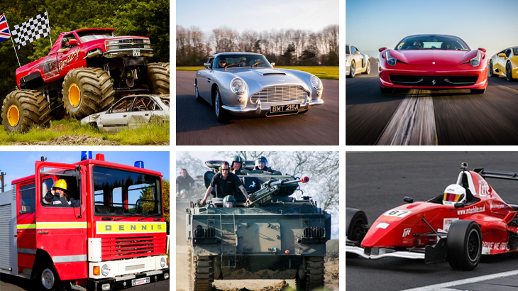 Ultimate driving experience gifts for men featuring monster trucks, classic Aston Martin, Ferrari supercars, fire engine, army tank ride, and single-seater race car