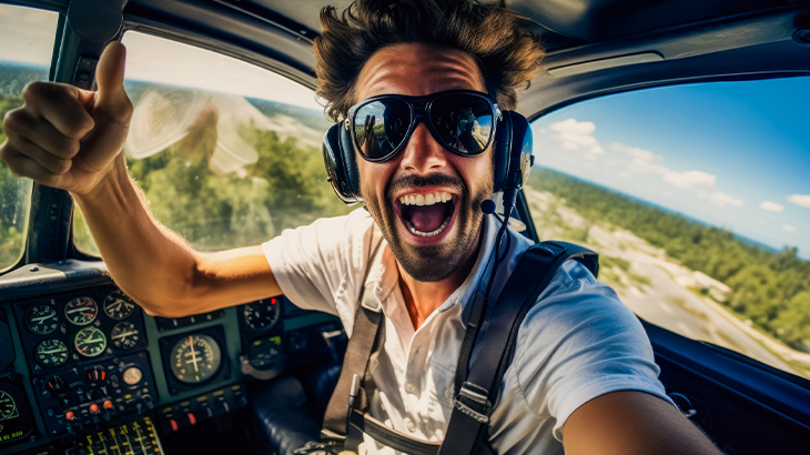Man enjoying flying experience gift with big grin and thumbs up inside light aircraft during pilot lesson or scenic flight
