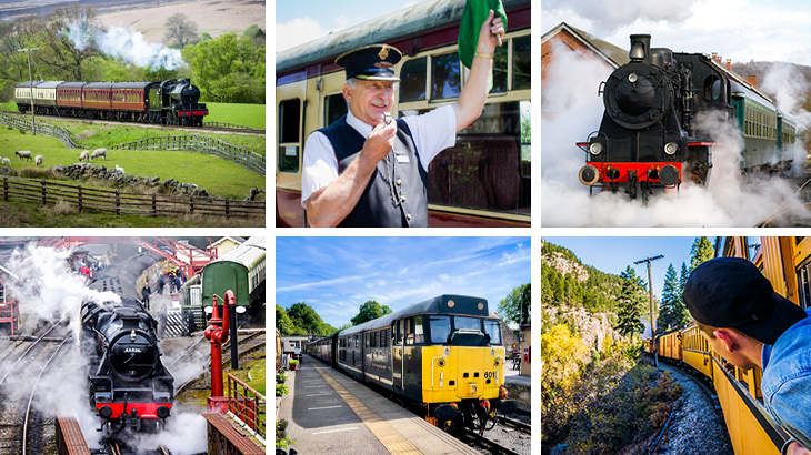 Heritage steam train gift experiences in the UK featuring vintage locomotives, scenic countryside railway journeys, train conductors, and family-friendly rail days out