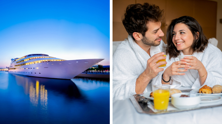 London Sunborn superyacht hotel at sunset with couple in robes enjoying luxury breakfast in bed romantic hotel experience